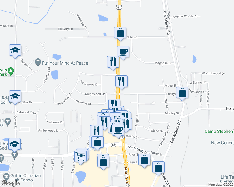 map of restaurants, bars, coffee shops, grocery stores, and more near 1707 North Express Way in Griffin