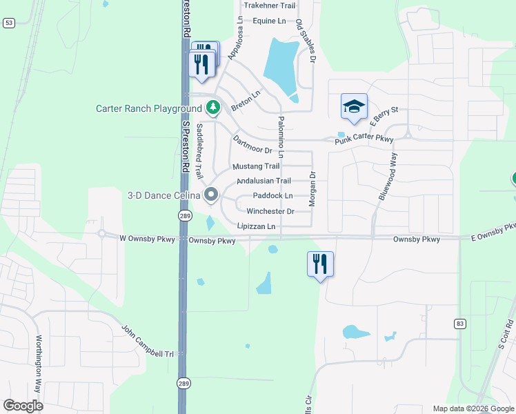 map of restaurants, bars, coffee shops, grocery stores, and more near 420 Winchester Drive in Celina