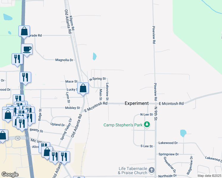 map of restaurants, bars, coffee shops, grocery stores, and more near 422 Lakeview Street in Griffin