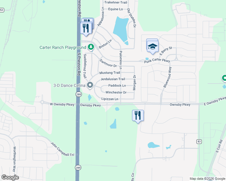 map of restaurants, bars, coffee shops, grocery stores, and more near 428 Winchester Drive in Celina