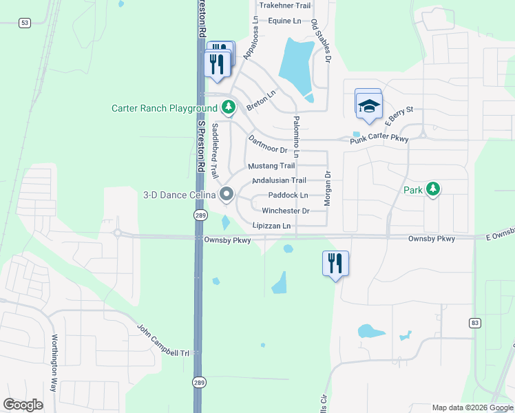 map of restaurants, bars, coffee shops, grocery stores, and more near 412 Winchester Drive in Celina