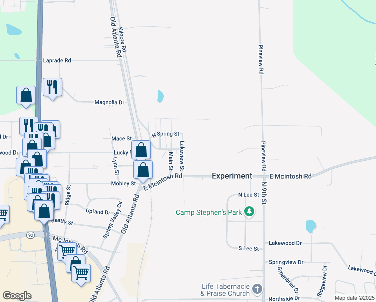 map of restaurants, bars, coffee shops, grocery stores, and more near 422 Lakeview Street in Griffin