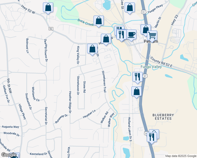 map of restaurants, bars, coffee shops, grocery stores, and more near 186 Stonebridge Circle in Pelham
