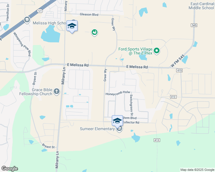 map of restaurants, bars, coffee shops, grocery stores, and more near 2501 Lovegrass Lane in Melissa