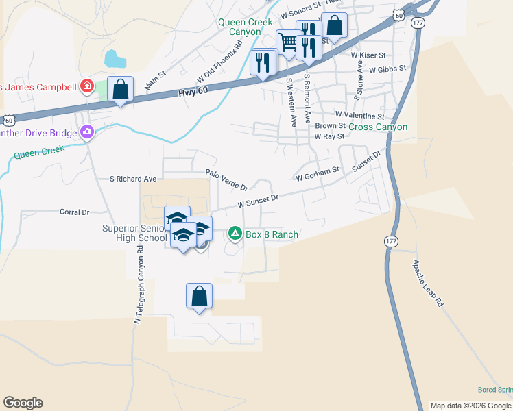 map of restaurants, bars, coffee shops, grocery stores, and more near 210 South Hing Drive in Superior