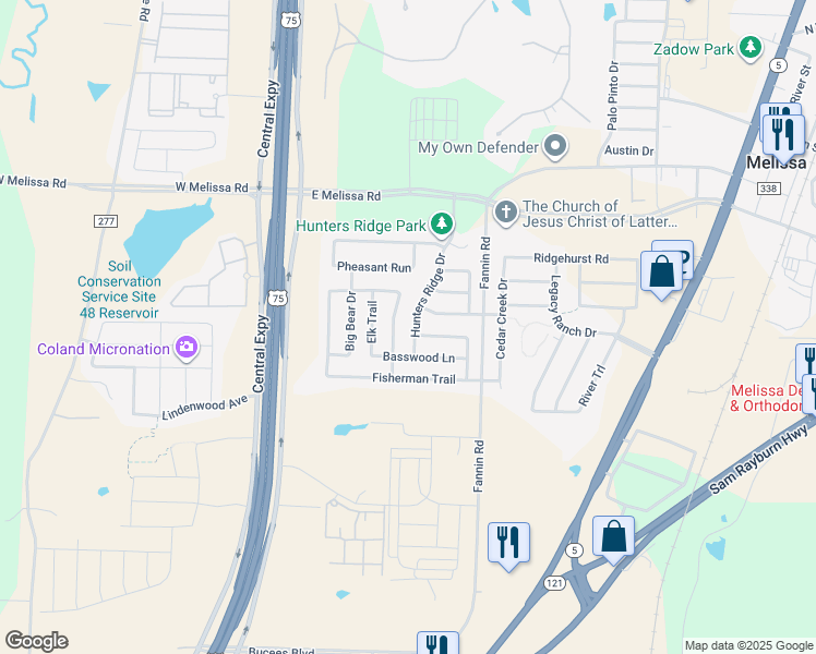 map of restaurants, bars, coffee shops, grocery stores, and more near 491 Hunters Ridge Drive in Melissa
