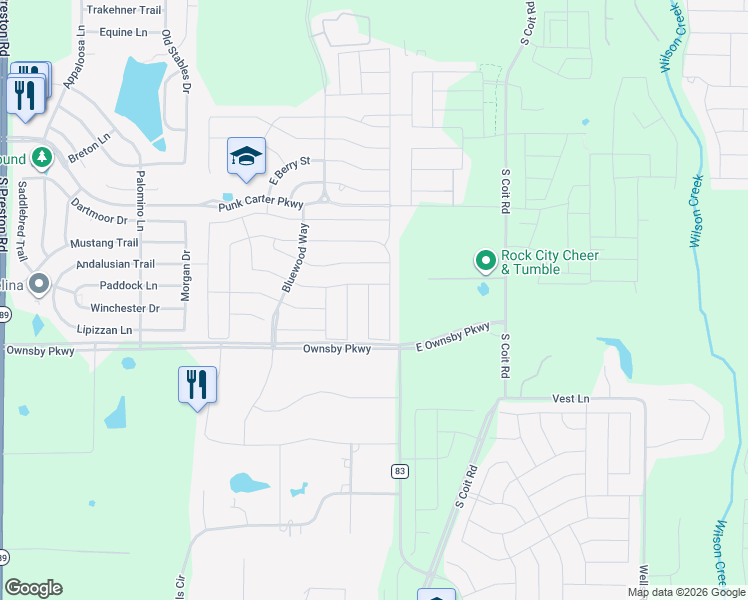 map of restaurants, bars, coffee shops, grocery stores, and more near 3216 Puffin Lane in Celina