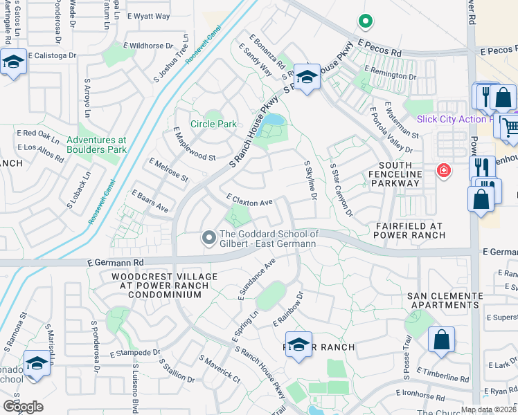map of restaurants, bars, coffee shops, grocery stores, and more near 4173 East Claxton Avenue in Gilbert
