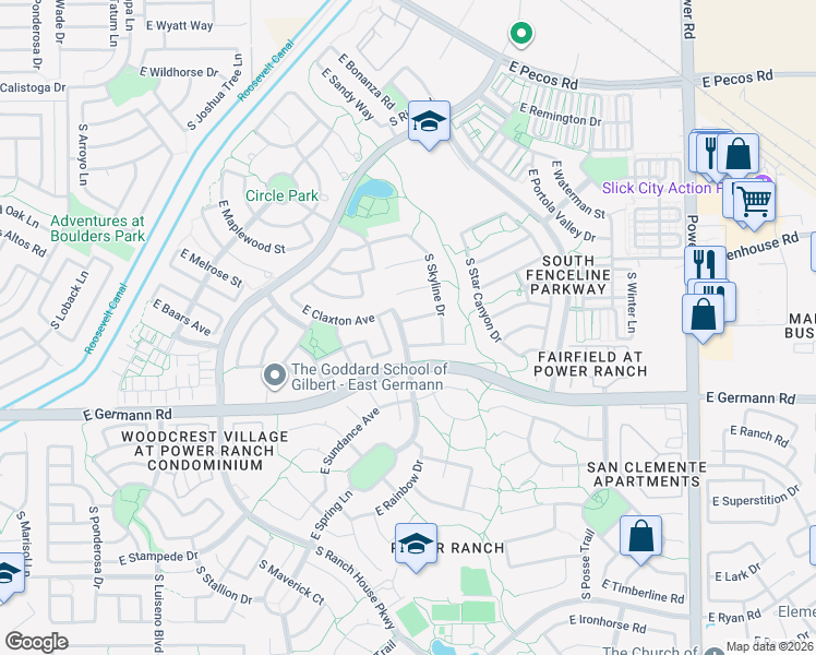 map of restaurants, bars, coffee shops, grocery stores, and more near 4281 East Claxton Avenue in Gilbert