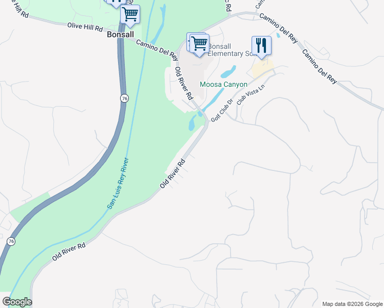 map of restaurants, bars, coffee shops, grocery stores, and more near 31185 Old River Road in Bonsall