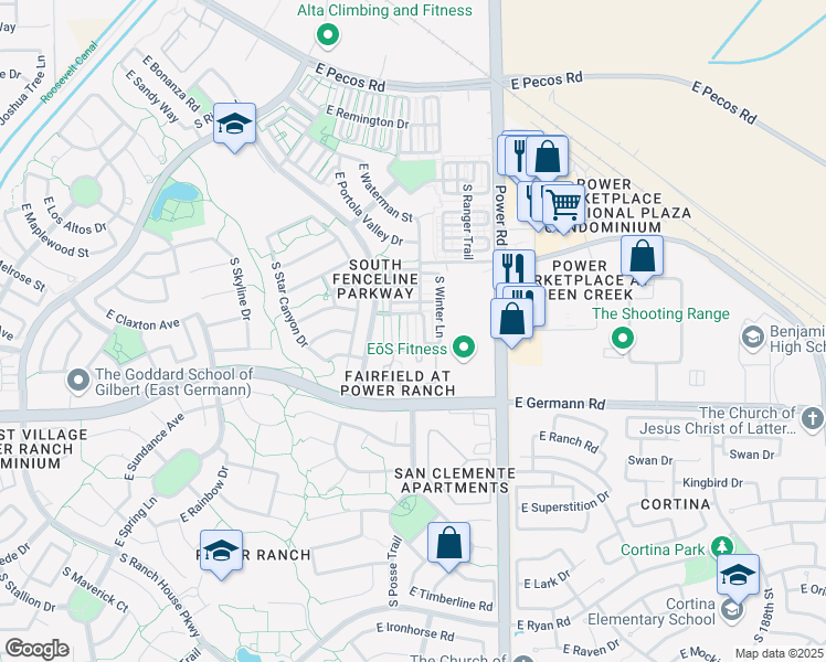 map of restaurants, bars, coffee shops, grocery stores, and more near 3871 South Bandit Road in Gilbert