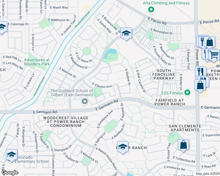 map of restaurants, bars, coffee shops, grocery stores, and more near 4205 East Claxton Avenue in Gilbert