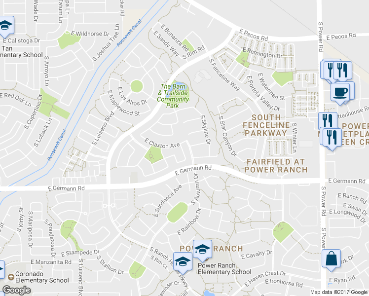 map of restaurants, bars, coffee shops, grocery stores, and more near 3849 South Dew Drop Lane in Gilbert