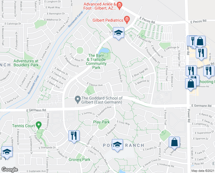 map of restaurants, bars, coffee shops, grocery stores, and more near 3849 South Dew Drop Lane in Gilbert