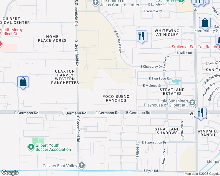 map of restaurants, bars, coffee shops, grocery stores, and more near 2606 East Melrose Street in Gilbert