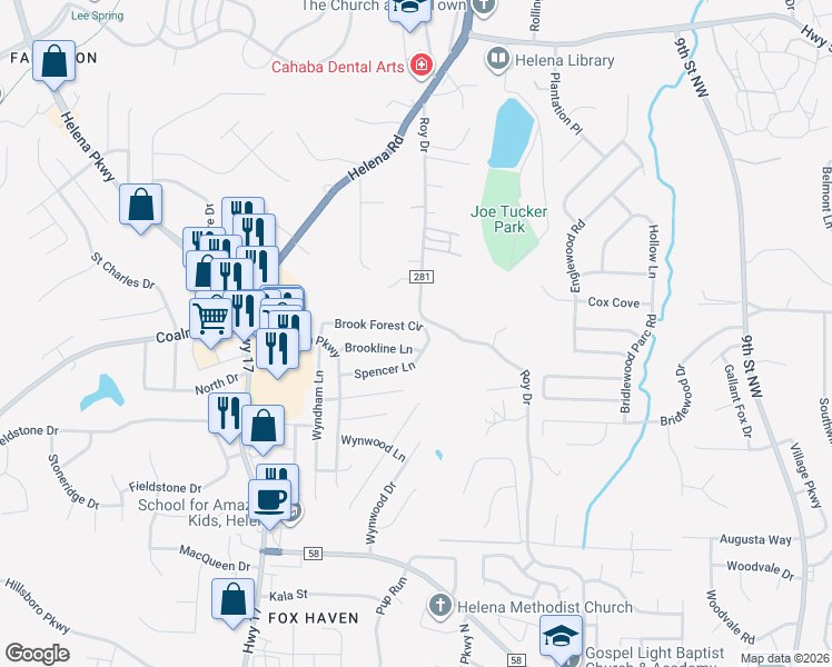 map of restaurants, bars, coffee shops, grocery stores, and more near 9351 Brook Forest Circle in Helena