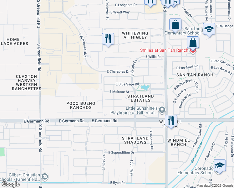map of restaurants, bars, coffee shops, grocery stores, and more near 2885 East Melrose Street in Gilbert