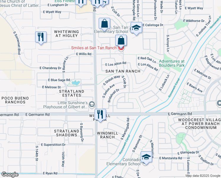 map of restaurants, bars, coffee shops, grocery stores, and more near 3827 South Seton Avenue in Gilbert