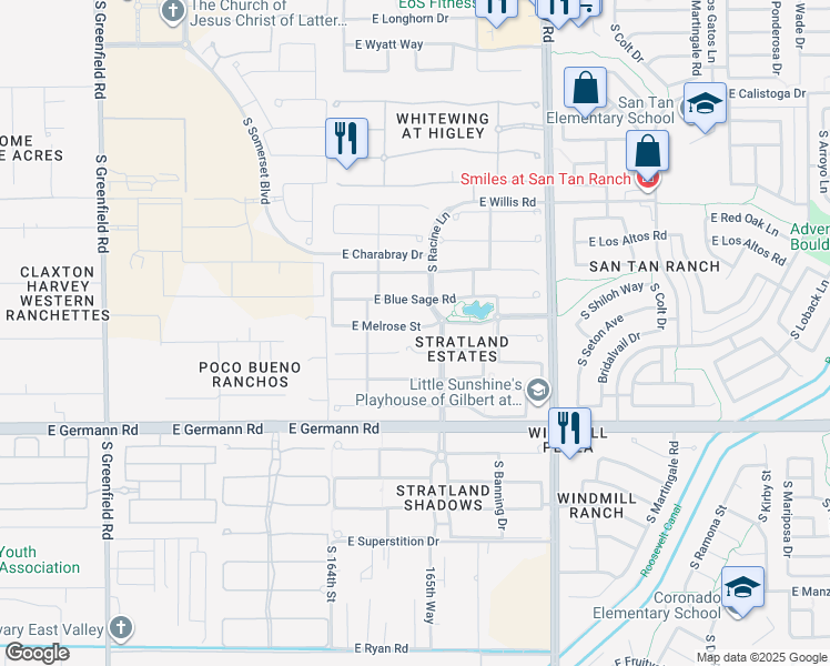 map of restaurants, bars, coffee shops, grocery stores, and more near 2939 East Melrose Street in Gilbert
