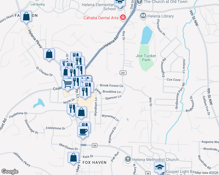 map of restaurants, bars, coffee shops, grocery stores, and more near 9447 Brook Forest Circle in Helena