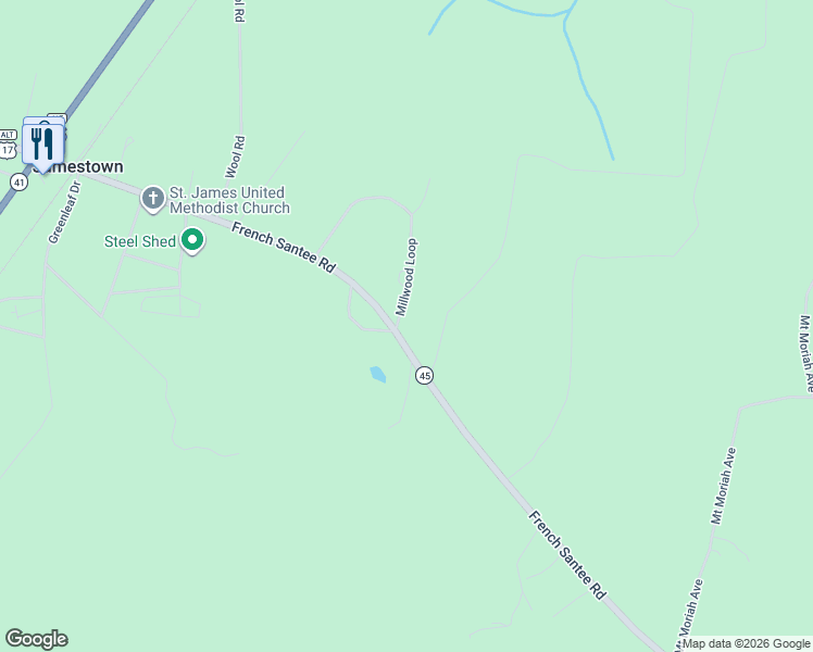 map of restaurants, bars, coffee shops, grocery stores, and more near 1119 Millwood Loop in Jamestown