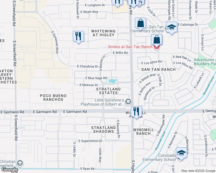 map of restaurants, bars, coffee shops, grocery stores, and more near 3024 East Baars Avenue in Gilbert