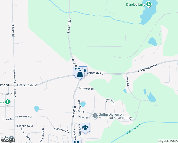 map of restaurants, bars, coffee shops, grocery stores, and more near 711 East Mcintosh Road in Griffin