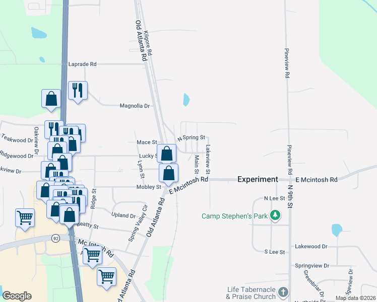 map of restaurants, bars, coffee shops, grocery stores, and more near 317 Main Street in Griffin