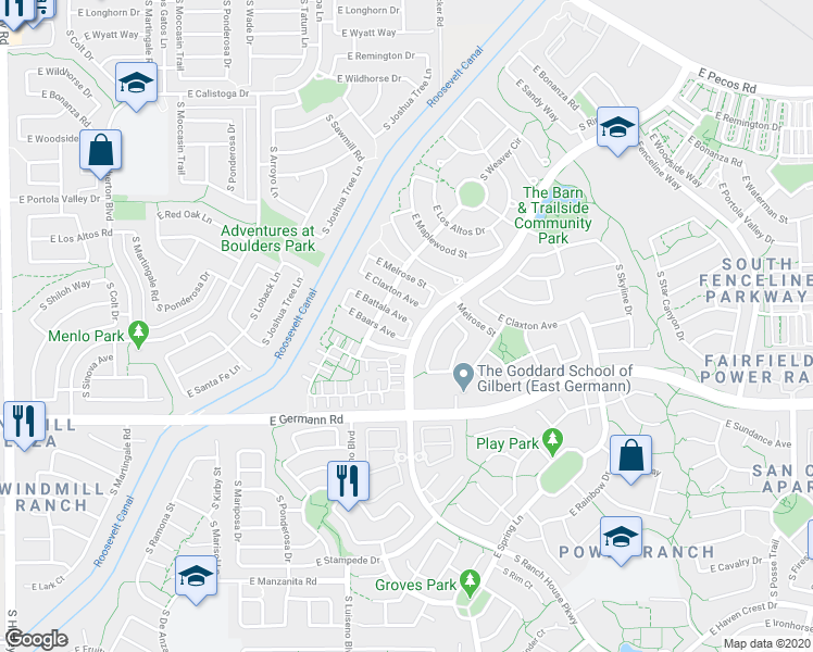 map of restaurants, bars, coffee shops, grocery stores, and more near 3927 East Battala Avenue in Gilbert