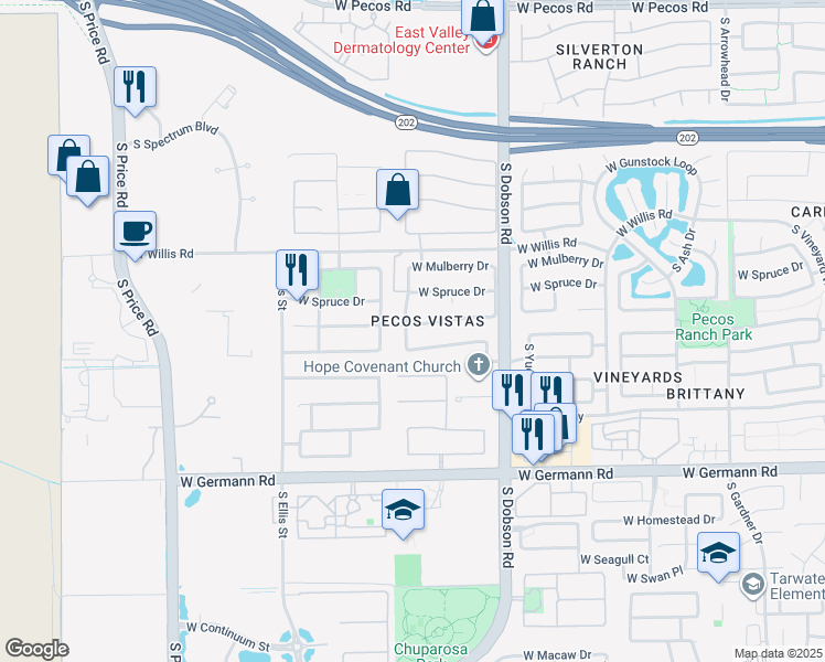 map of restaurants, bars, coffee shops, grocery stores, and more near 1702 South Los Altos Drive in Chandler