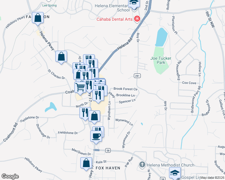 map of restaurants, bars, coffee shops, grocery stores, and more near 9563 Brook Forest Circle in Helena