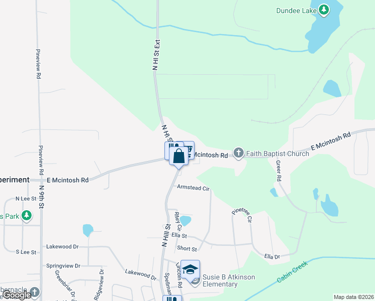 map of restaurants, bars, coffee shops, grocery stores, and more near 707 1/2 East Mcintosh Road in Griffin