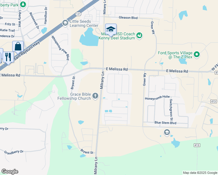 map of restaurants, bars, coffee shops, grocery stores, and more near 6315 Farm to Market Road 2933 in Melissa