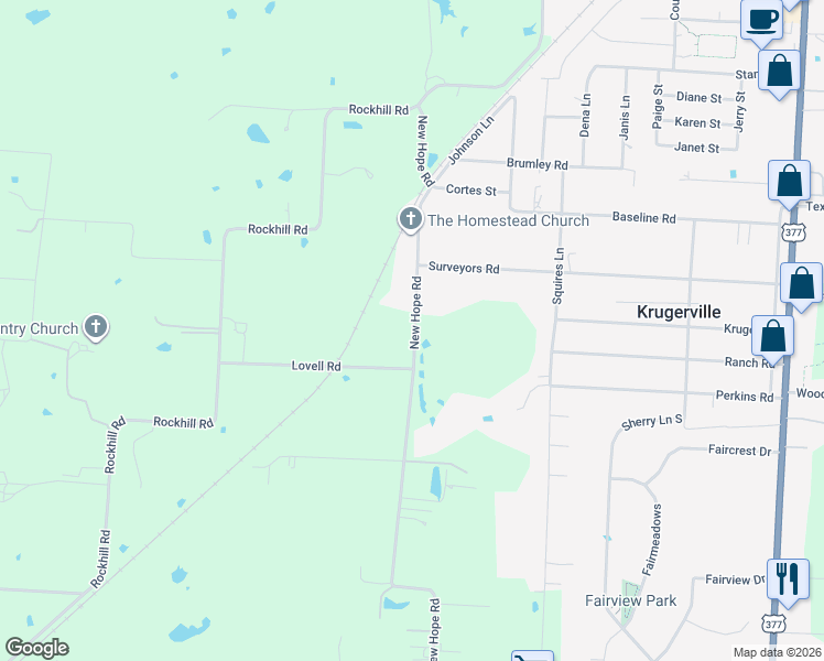 map of restaurants, bars, coffee shops, grocery stores, and more near 5844 New Hope Road in Aubrey