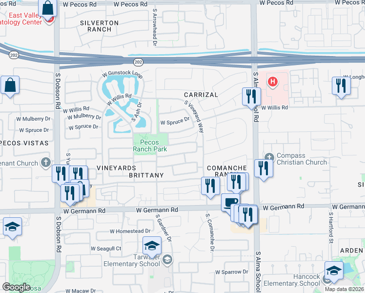 map of restaurants, bars, coffee shops, grocery stores, and more near 1390 West Armstrong Way in Chandler