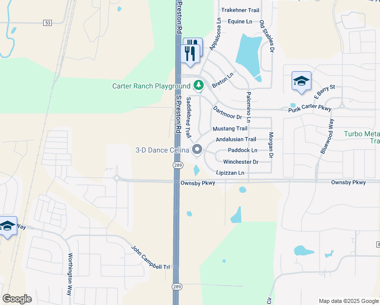 map of restaurants, bars, coffee shops, grocery stores, and more near 103 Mustang Court in Celina