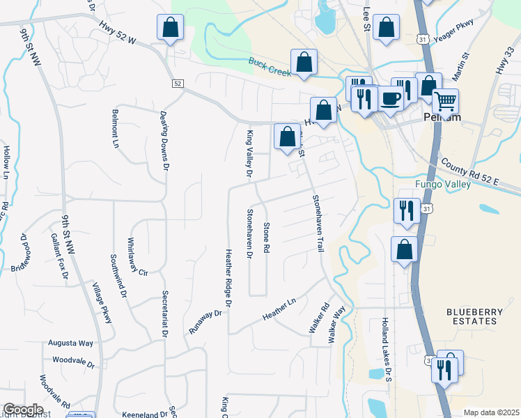 map of restaurants, bars, coffee shops, grocery stores, and more near 101 Stone Road in Pelham