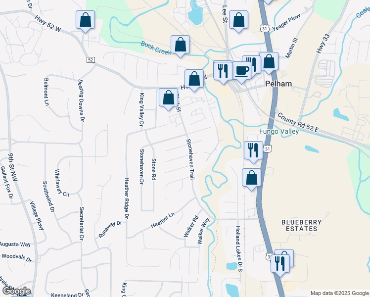 map of restaurants, bars, coffee shops, grocery stores, and more near 186 Stonebridge Circle in Pelham