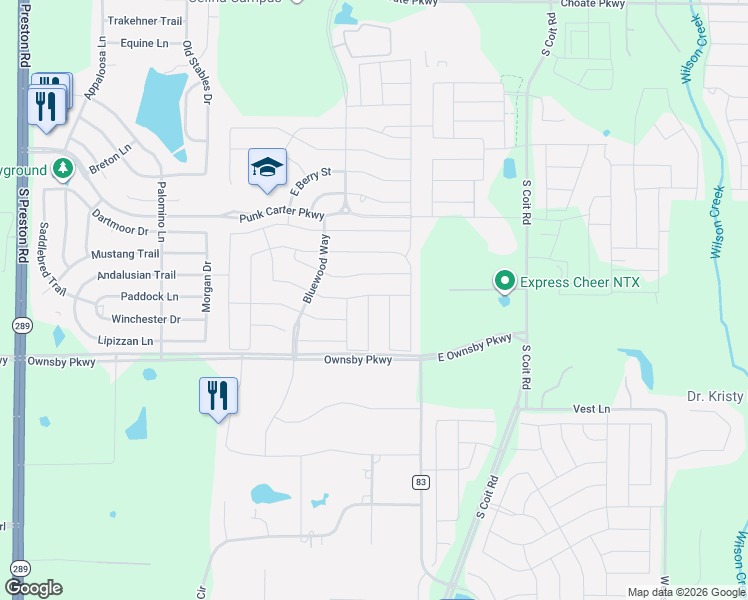 map of restaurants, bars, coffee shops, grocery stores, and more near 3216 Puffin Lane in Celina