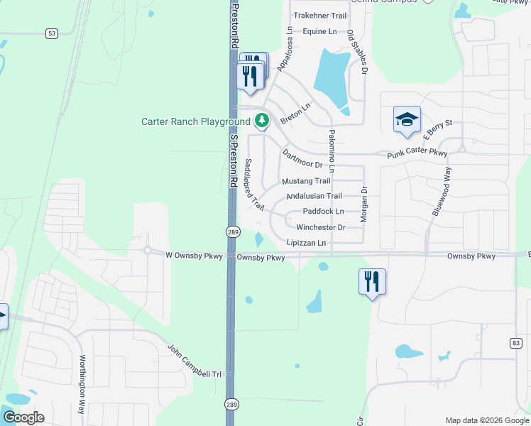 map of restaurants, bars, coffee shops, grocery stores, and more near 408 Lipizzan Lane in Celina