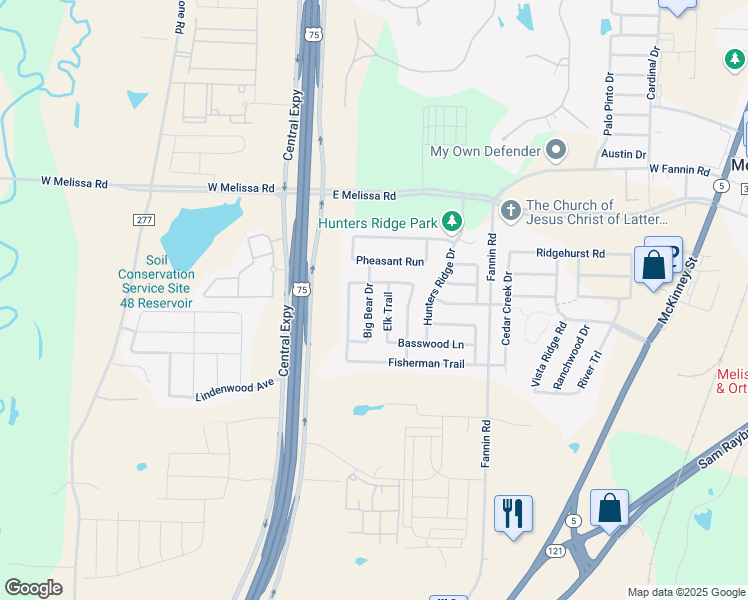 map of restaurants, bars, coffee shops, grocery stores, and more near 284 Big Bear Drive in Melissa