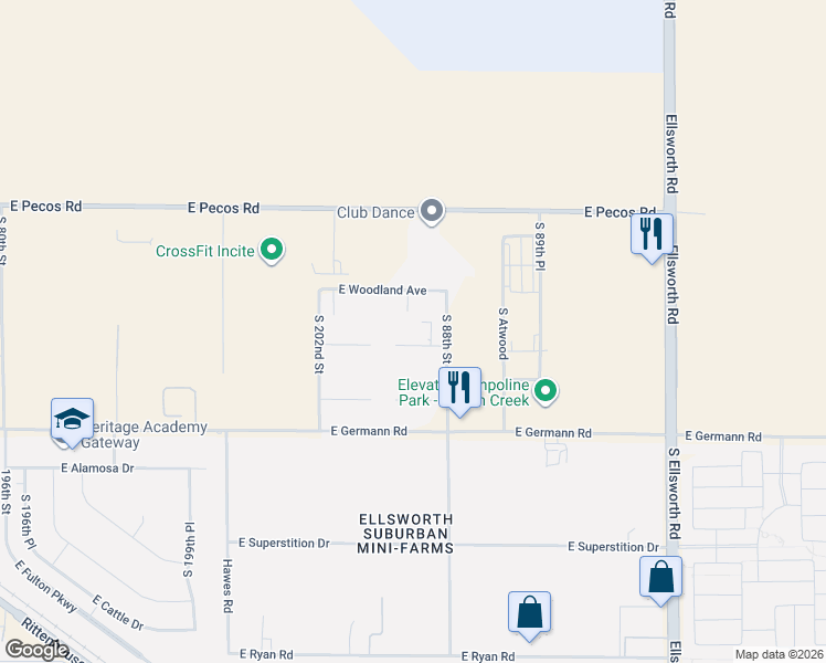 map of restaurants, bars, coffee shops, grocery stores, and more near 8731 East Waterford Circle in Mesa