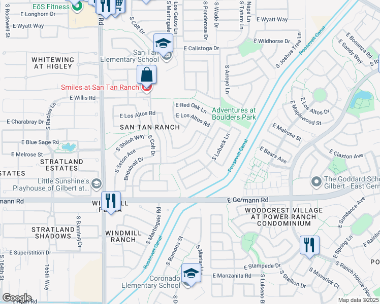 map of restaurants, bars, coffee shops, grocery stores, and more near 3794 South Cupertino Drive in Gilbert