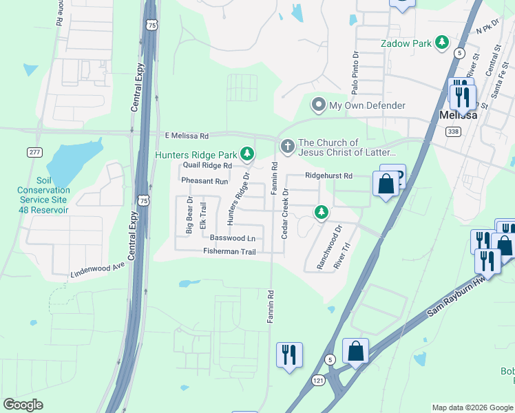 map of restaurants, bars, coffee shops, grocery stores, and more near 2003 Dove Crossing in Melissa