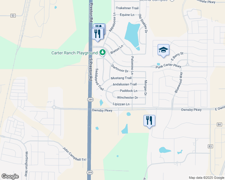 map of restaurants, bars, coffee shops, grocery stores, and more near 404 Paddock Lane in Celina