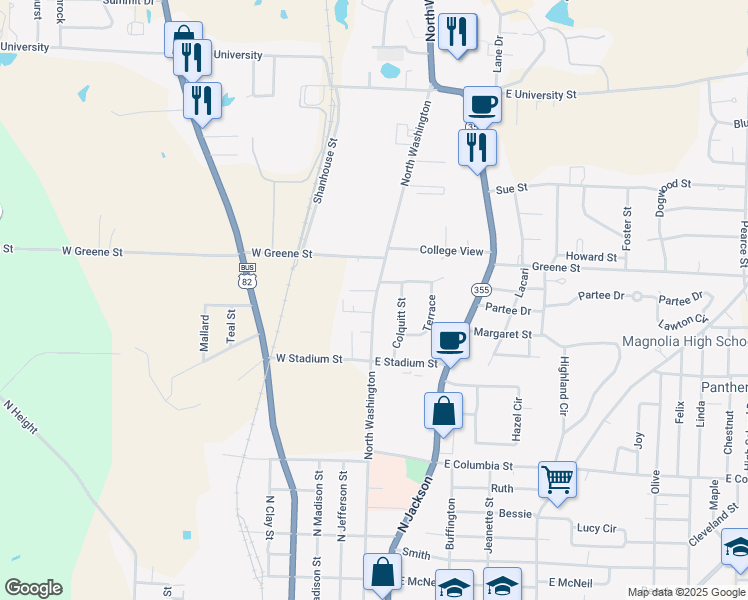 map of restaurants, bars, coffee shops, grocery stores, and more near 1401 North Washington in Magnolia