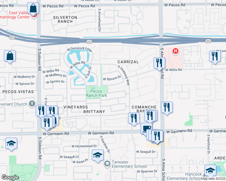 map of restaurants, bars, coffee shops, grocery stores, and more near 1380 West Maplewood Street in Chandler