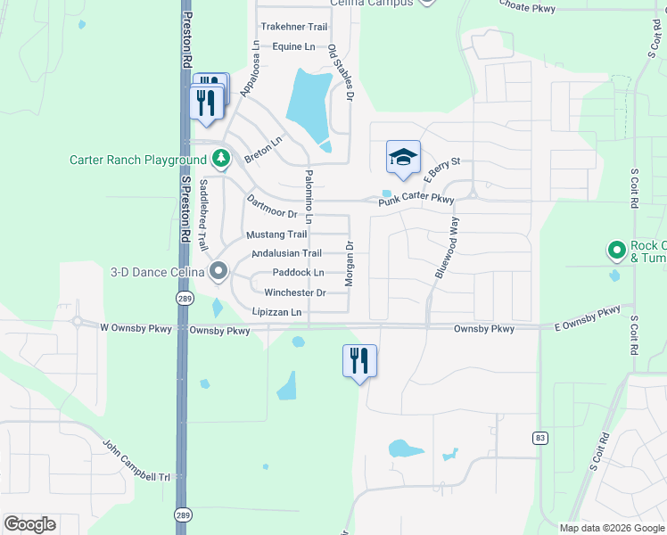 map of restaurants, bars, coffee shops, grocery stores, and more near 510 Paddock Lane in Celina