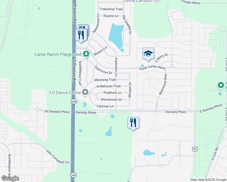 map of restaurants, bars, coffee shops, grocery stores, and more near 436 Andalusian Trail in Celina