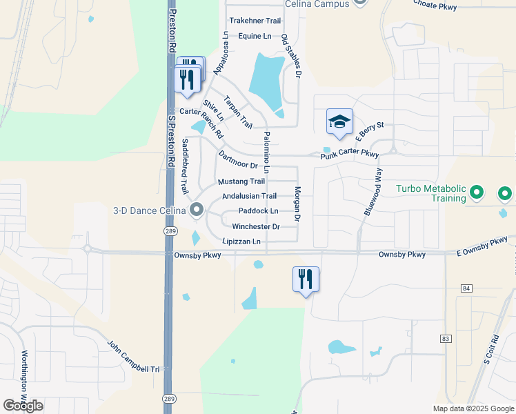 map of restaurants, bars, coffee shops, grocery stores, and more near 436 Andalusian Trail in Celina
